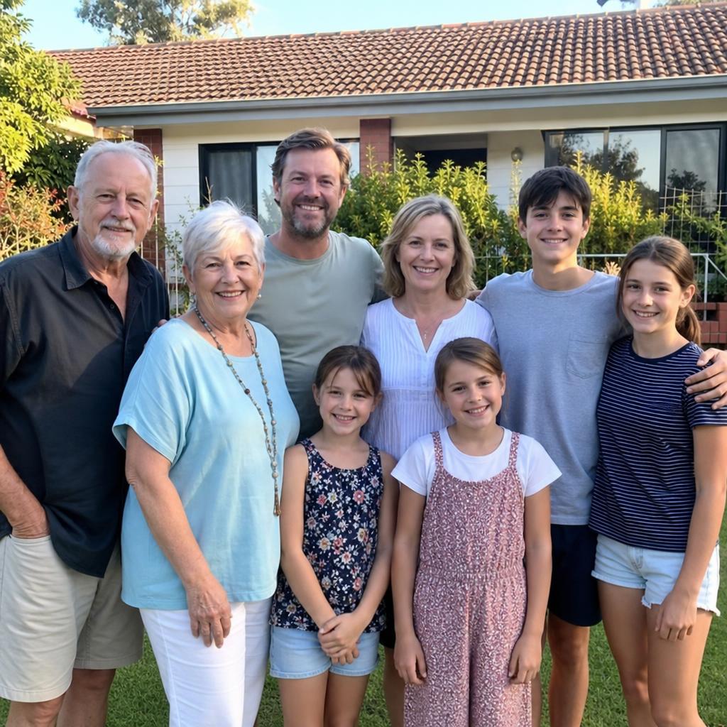 Multi-generational Australian families - first home sellers, upgrading families, and downsizers - in front of their homes